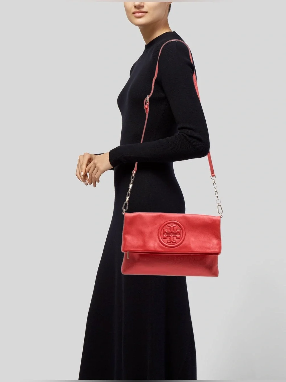 TORY BURCH Leather Embossing Logo Flap Chain Crossbody Bag Women Authentic NWT